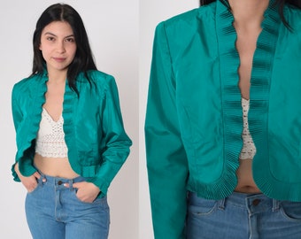 Teal Green Cropped Jacket 70s Open Front Blazer Jacket Knife Pleat Ruffled Shiny Evening Cocktail Formal Party Crop Coat Vintage 1970s Small