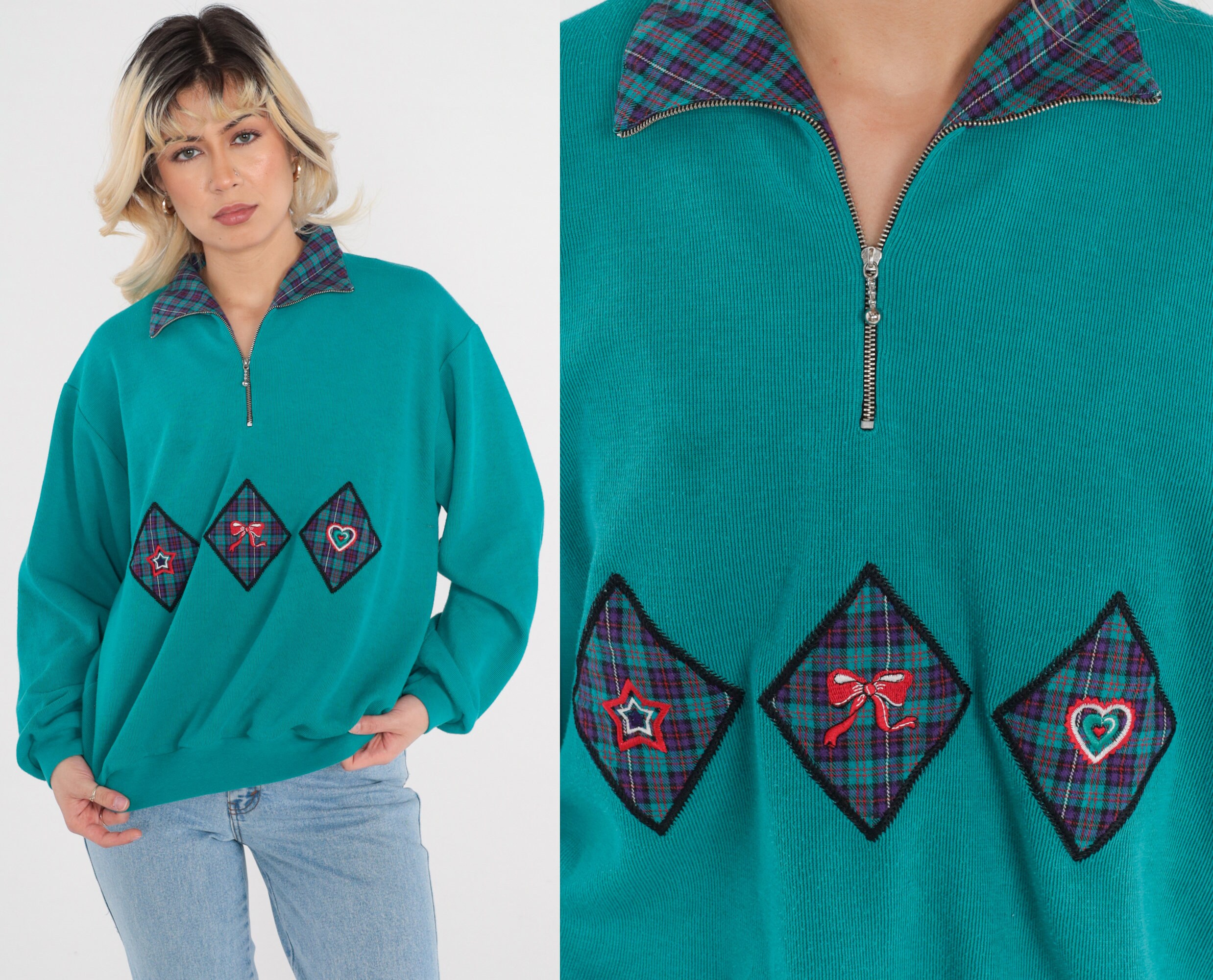 Green Plaid Sweatshirt 90s Quarter Zip Sweatshirt Diamond Patchwork Bow ...