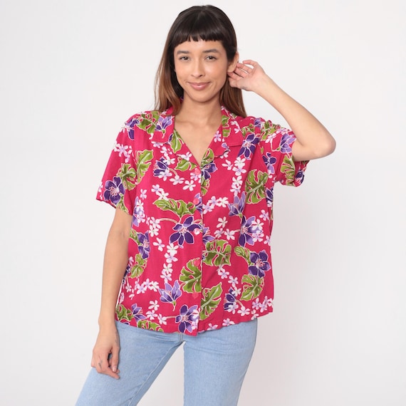 Pink Tropical Shirt 90s Floral Hawaiian Short Sleeve Collar Vacation Beach Resort Summer Blouse Fuchsia Purple Leaves Print Extra Large XL
