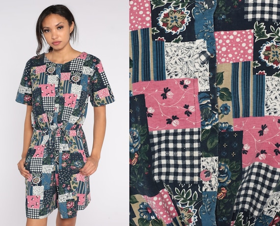 90s Patchwork Romper Floral Playsuit GRUNGE Wide Leg Shorts Boho Button Up Romper Boho Hippie Grunge Vintage Bohemian Pink White Blue Medium