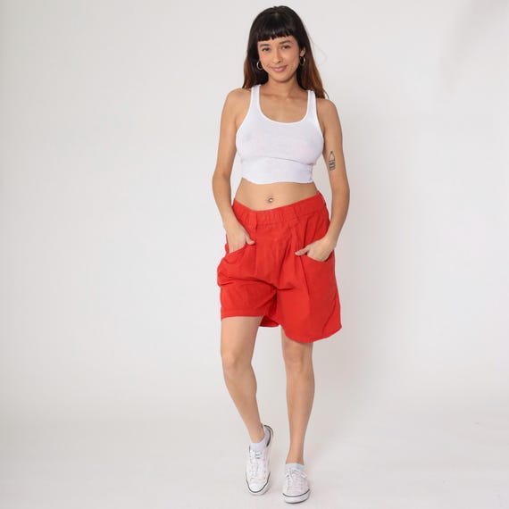 90s Red Summer Shorts High Rise Side Pockets Y2K Vintage Tomato Girl Aesthetic Beach Vacation Streetwear Casual Relaxed Fit Gorpcore Large L