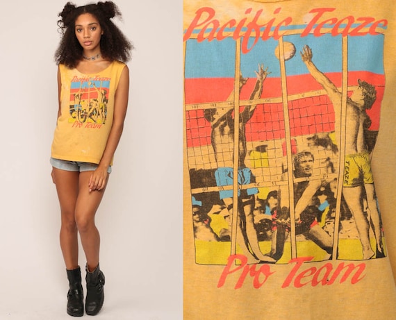 Beach Volleyball Shirt Graphic Tank Top 80s PACIFIC TEAZE Surf Vintage 1980s Retro Burnout Tee Paper Thin Tshirt Sleeveless Medium Large