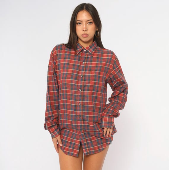 80s Red Plaid Shirt Blue Button Front Long Sleeve Collared Boxy Flannel Grunge Tartan Chest Pocket Semi Sheer Lightweight Vintage Small S