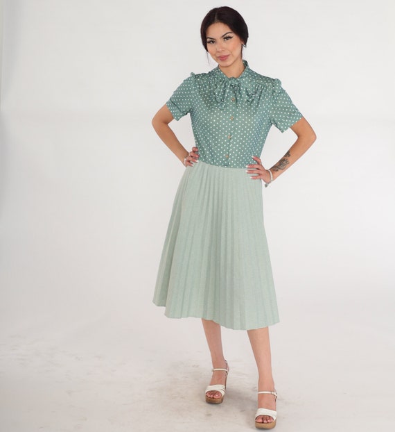 70s Necktie Dress Green Polka Dot Midi Dress Puff Sleeve Button up Ascot Pussy Bow Neck Tie Secretary High Waisted Vintage 1970s Medium
