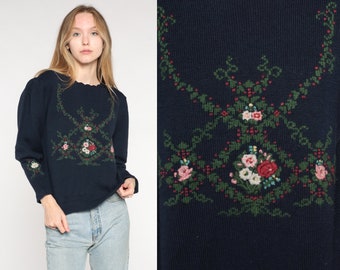 Embroidered Floral Sweater 80s Herman Geist Sweater Navy PUFF SLEEVE Sweater Boho Wool 1980s Pullover Vintage Jumper Bohemian Blue Large