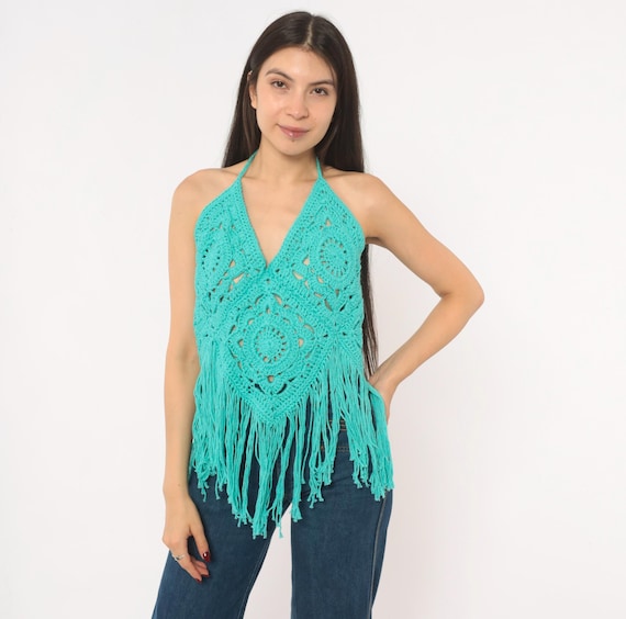 Y2K Teal Crochet Halter Top Fringed Cotton Granny Square Crop Turquoise Tie Neck V Neckline Aqua Hippie Summer Beach Cover Up Small to Large