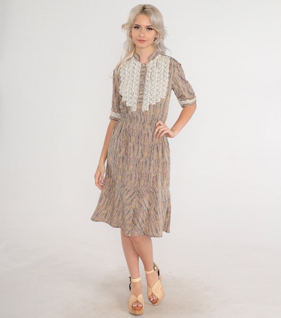 Crochet Bib Dress 70s Button up Midi Dress Knee Length Short Puff Sleeve High Neck High Waisted Neutral Striped Vintage 1970s Small xs