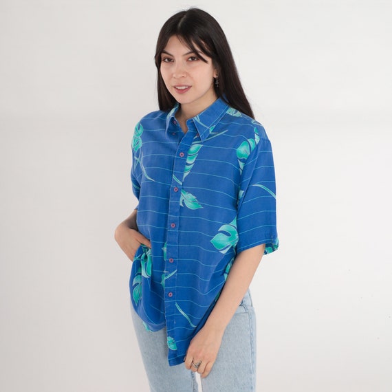 Blue Hawaiian Shirt 80s 90s Tropical Button Up Striped Monstera Leaf Print Surfer Tourist Short Sleeve Retro Aloha Vintage 1990s Men's Large