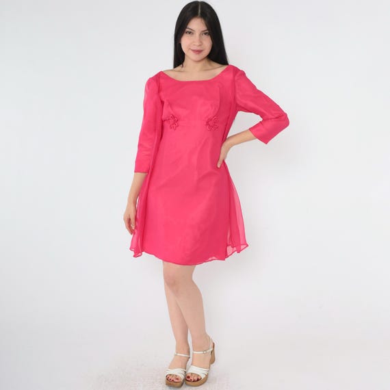 Vintage Pink Chiffon Party Dress 60s Babydoll Mini Dress Retro Long Sleeve Empire Waist Floral Applique Sixties 1960s Extra Small xs