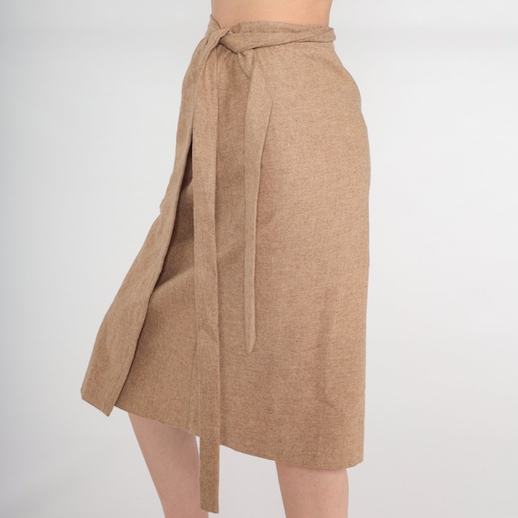 70s Wrap Skirt Tan Wool Midi Skirt High Waisted P… - image 3