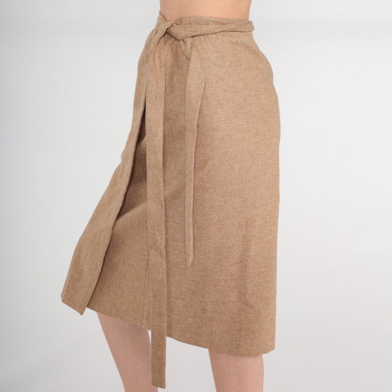 70s Wrap Skirt Tan Wool Midi Skirt High Waisted Plain Basic Summer Adjustable Simple Straight Cut Preppy Chic Vintage 1970s Medium Large image 3