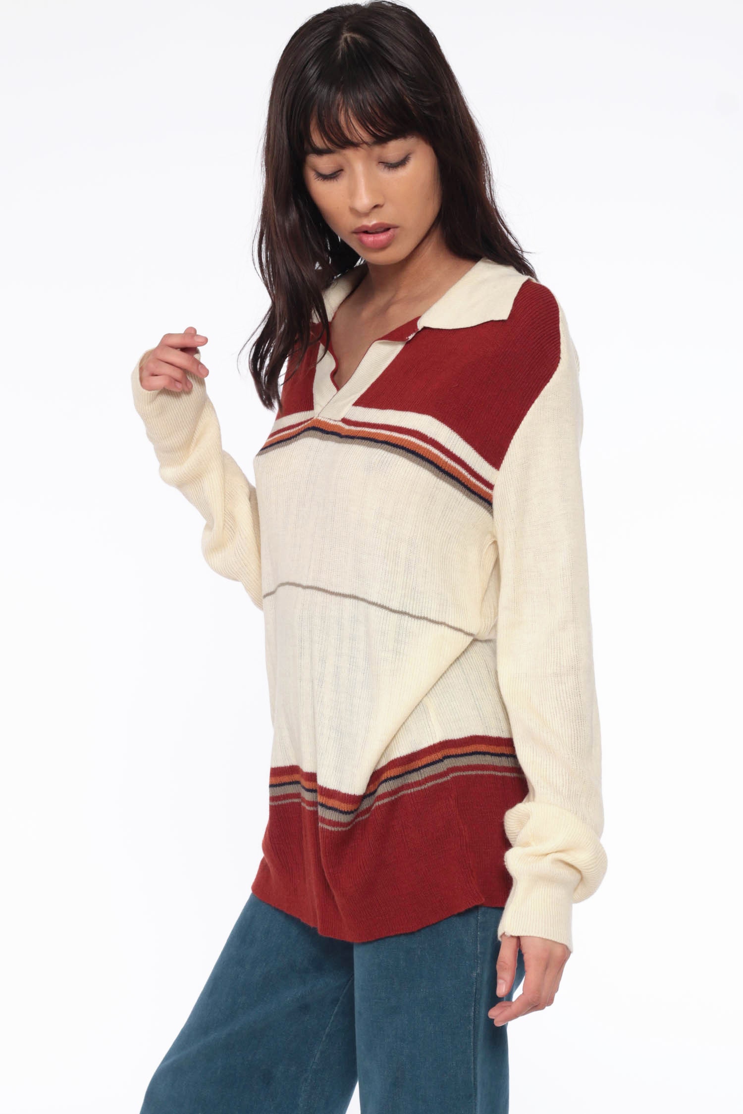 Cream Striped Sweater Collared Knit 70s V Neck Pullover Sweater Bohemian Hippie 1970s Nerd Geek 