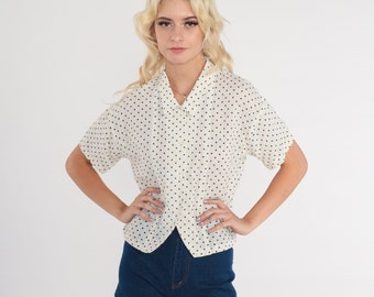 Polka Dot Shirt -- White Black Top Button Up Shirt 80s Blouse Short Sleeve Top Vintage 1980s Retro Casual Simple Medium