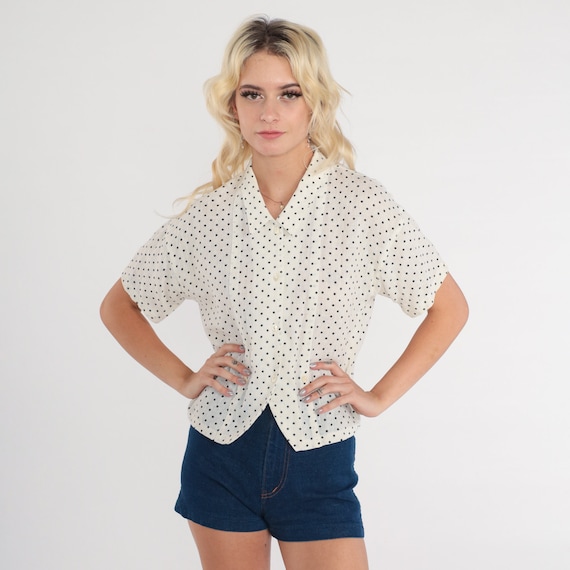 Polka Dot Shirt -- White Black Top Button up Shirt 80s Polka Dot Shirt -- White Black Top Button up Shirt 80s