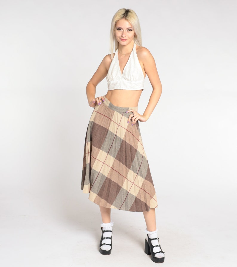 Plaid Midi Skirt 70s Wool Blend School Girl Skirt Tan Checkered Tartan High Waisted Preppy Uniform Brown Retro Vintage 1970s Small S 27 image 2