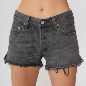 Faded Black Levis 501 Shorts Y2K Denim Cut Offs Distressed Cutoff Jean Shorts Charcoal Grey Frayed Low Rise Waist Vintage 00s Extra Small xs