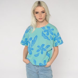 Tropical Floral Shirt 90s Flower Leaf Print T Shirt Green Blue Tee 80s Short Sleeve Boxy TShirt Hippie Shirt 1990s Vintage Retro Medium M image 2