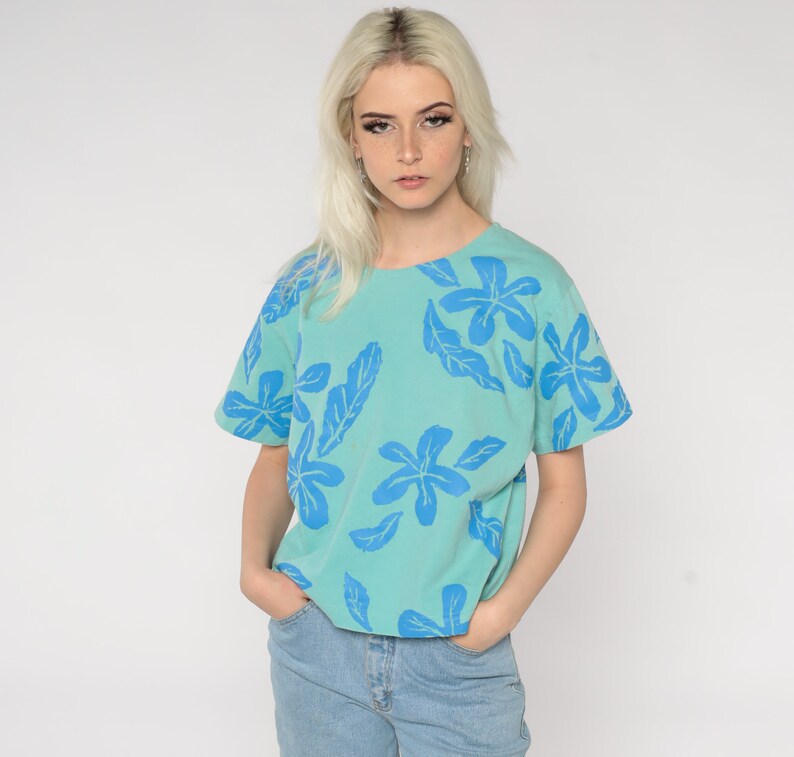 Tropical Floral Shirt 90s Flower Leaf Print T Shirt Green Blue Tee 80s Short Sleeve Boxy TShirt Hippie Shirt 1990s Vintage Retro Medium M image 2
