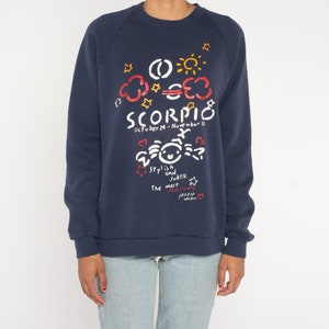 Scorpio Sweatshirt 90s Ken Done Astrology Sweatshirt Zodiac Scorpion Graphic Crewneck Raglan Sleeve Navy Blue Vintage 1990s Medium Large image 6