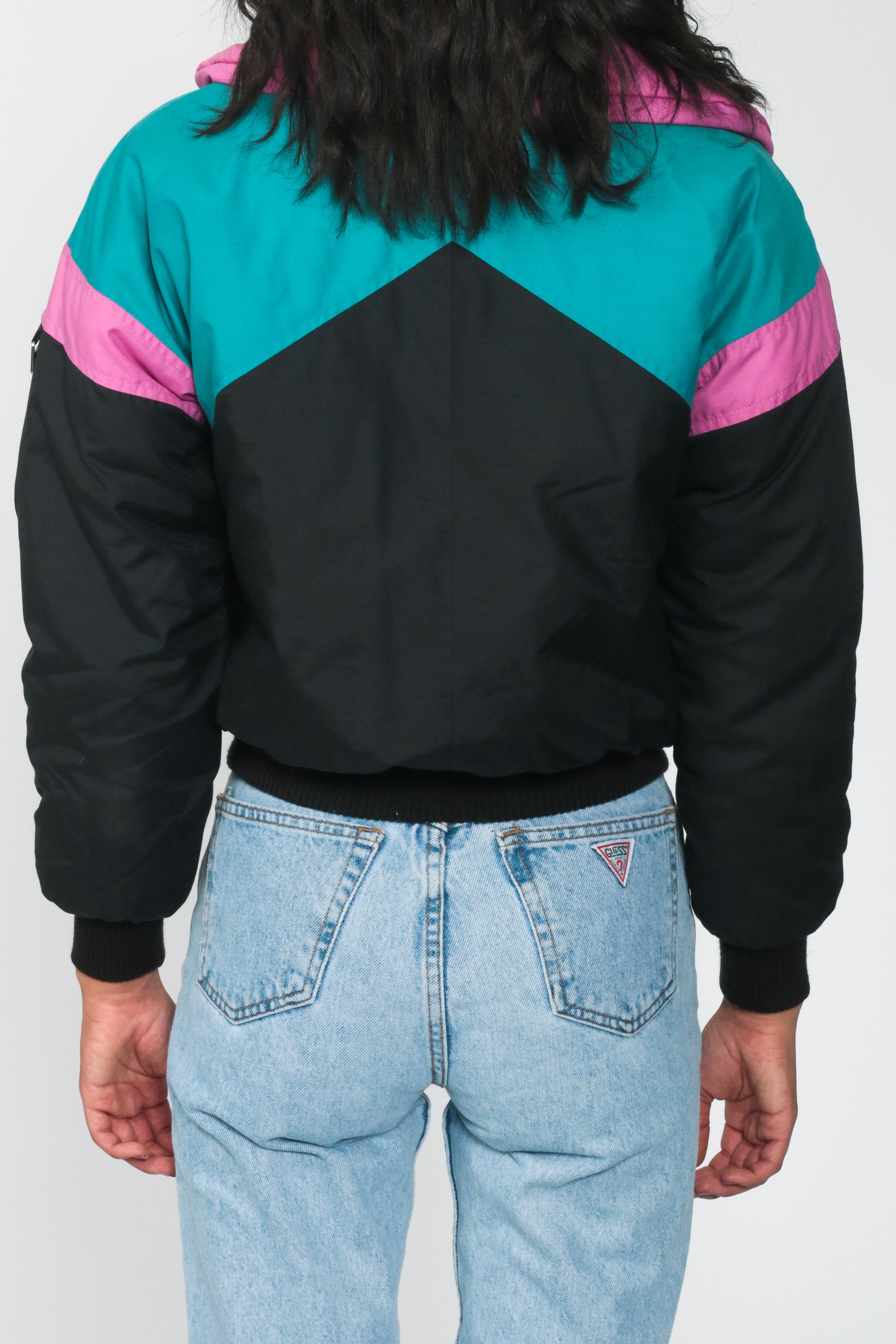 Black Puffer Jacket 80s Ski Jacket Retro Turquoise Striped Puffy Coat Winter Coat Color Block 