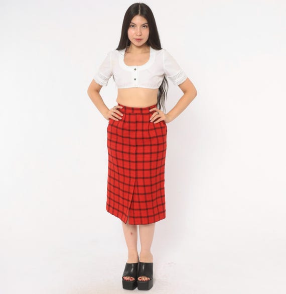 70s Plaid Pencil Skirt Red Black Windowpane Check Wool Knee Length High Waist Fitted Side Pockets Vintage Academic Preppy Extra Small XS