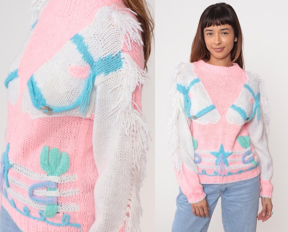 Pink Western Sweater 80s White Fringe Southwestern Horse Saguaro Cactus Knit Vintage Tassels Cowgirl Ranch Style Desert Pastel Print Small S