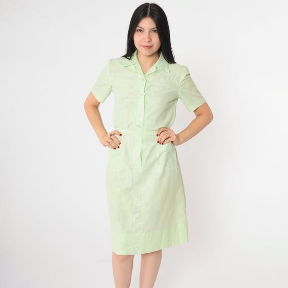 60s Button Up Dress Pastel Green Striped Shirtdress Mod Midi Shift Day 1960s Vintage Twiggy Shirt Dress Pocket Short Sleeve Small S