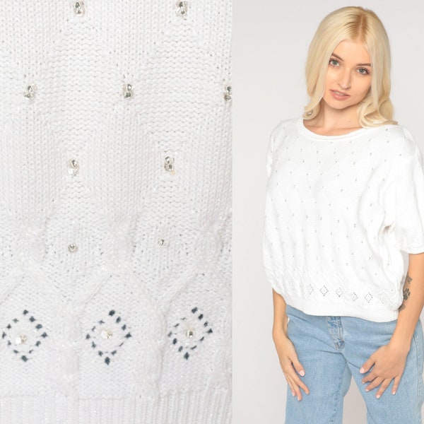 White Knit Blouse 80s Top Beaded Cutout Sweater Shirt Vintage Cut Out Pointelle Shirt Short Sleeve 1980s Vintage Retro Liz Claiborne Large L