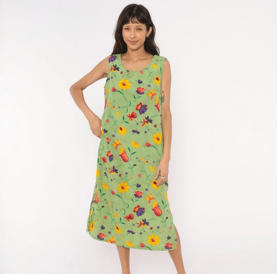 90s Garden Print Sundress Sage Green Floral Sleeveless Butterfly Ladybug Whimsical Summer Pullover Flower Yellow Purple Red Petite Large L