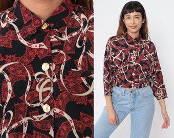 90s Crop Top Lace & Ribbon Print Shirt Lock Key Print Button Up Cropped Blouse Vintage Retro Red Black 3/4 Sleeve Medium