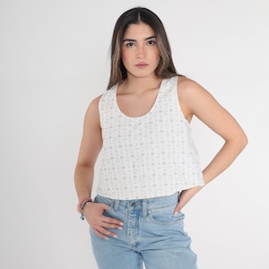 90s Tank Top White Crop Top Racerback Retro Sleeveless Shirt Geometric Diamond Zigzag Print Cropped Summer Cotton Boho Vintage 1990s Small S