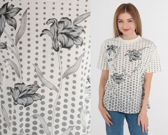 Floral T-Shirt 90s Polka Dot Shirt White Grey Statement Pattern Tshirt Flower Print Graphic Tee Retro Busy Top Cotton Vintage 1990s Large L