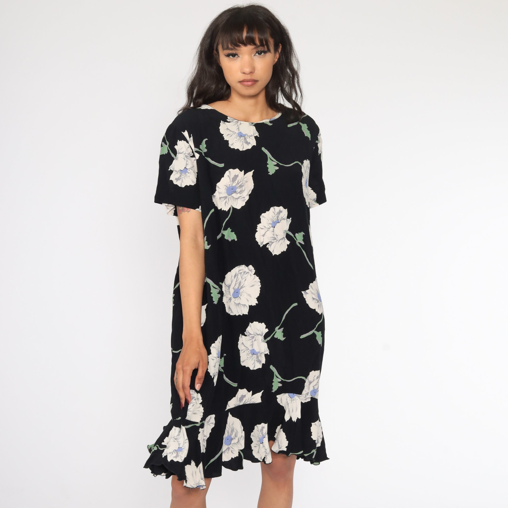 Black Floral Dress Rayon Ruffle Grunge Mini 90s Flower Print Sheath ...