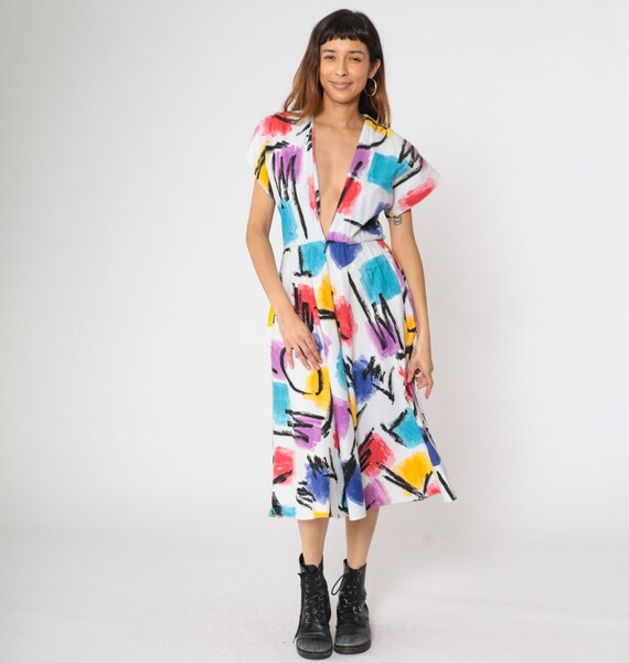 Vintage 80s Abstract Deep V Neck Dress Paint Brushstroke Cotton Plunge Neck Short Sleeve Fit and Flare Art-Inspired Midi 1980s Small 6 S