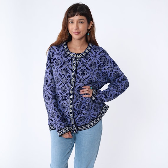 Purple Snowflake Cardigan Y2K LL Bean Button Up Fair Isle Sweater Retro Boho Nordic Knit Sweater Cozy Cotton Vintage 00s Extra Large xl