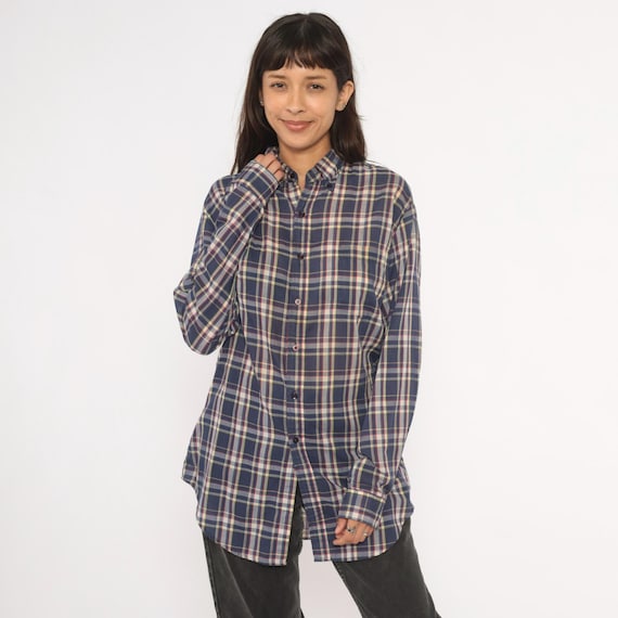 80s Plaid Flannel Shirt Navy Blue Red Button Front Cotton Long Sleeve Tunic Length Collar Top Grunge Checked Pattern Unisex Casual Medium M