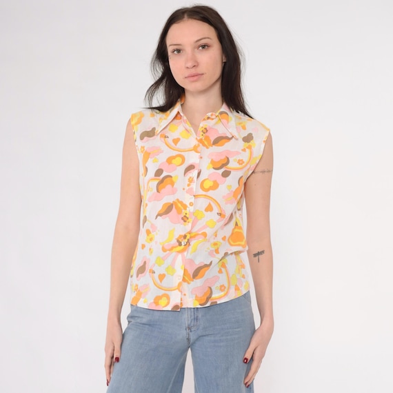 70s Rainbow Heart Blouse Boho Floral Butterfly Top Dagger Collar Button Up Shirt Bohemian Orange Pink White 1970s Sleeveless Small S