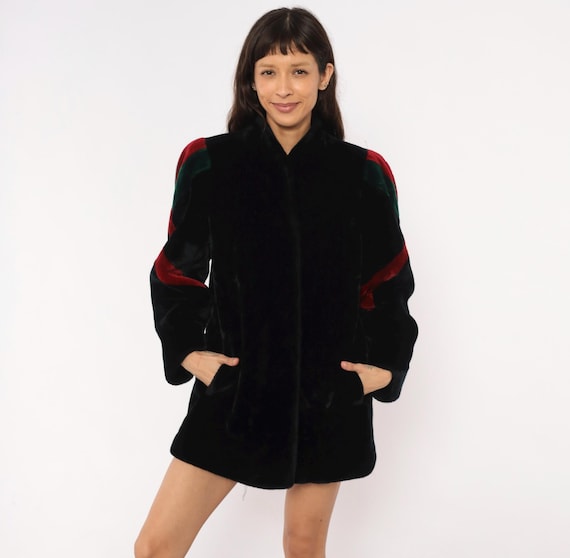 80s Faux Fur Coat Sasson Black Red Green Colorblock Sleeve Stripe Stand Collar Jacket Warm Winter Statement Outerwear Vintage Medium M