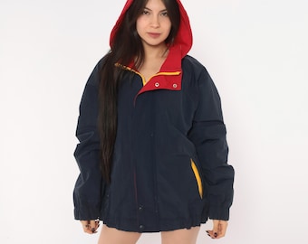 90s Navy Windbreaker Hooded Jacket Red Yellow Color Block Zip Rain Coat Shell Gorpcore Outdoor Sporty Winter Hiking Vintage Extra Large XL