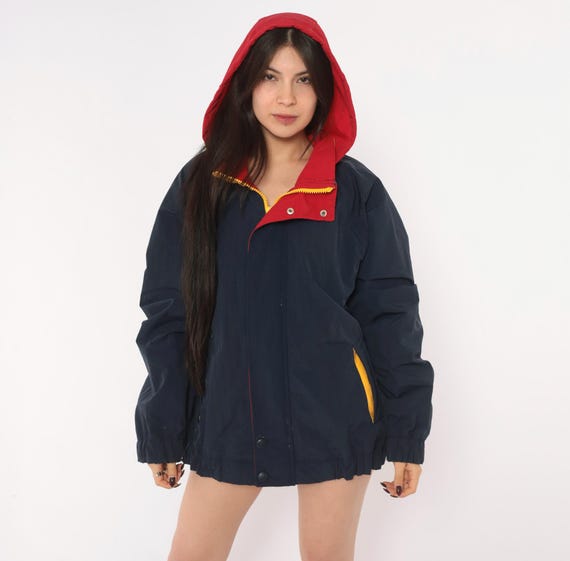 90s Navy Windbreaker Hooded Jacket Red Yellow Color Block Zip Rain Coat Shell Gorpcore Outdoor Sporty Winter Hiking Vintage Extra Large XL