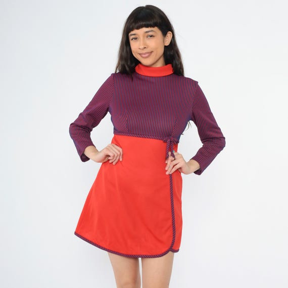 Vintage 60s Striped Mod Dress Red Blue Empire Waist Mini 1960s Gogo Babydoll Mock Neck Sixties Twiggy Long sleeve MiniDress Small 6