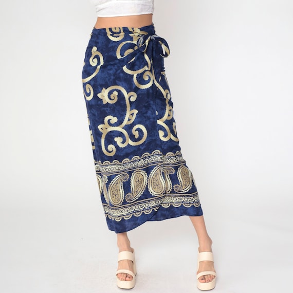 Y2K Sarong Skirt 00s Wrap Skirt Geometric Paisley Scroll Print Midi Beach Summer Festival Hippie Tie Side Vintage Dark Blue Medium Large