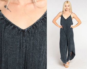 90s Jumpsuit Charcoal Grey Wide Leg Baggy Spaghetti Strap Flowy Side Slit Romper Pants Sleeveless One Piece Jumpsuit Vintage 1990s Large L