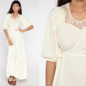 Long Boho Dress 70s Maxi Cream LACE Tiered Peasant Dress Puff Sleeve 1970s Bohemian Wedding High Waist Victorian Vintage Retro Hippie Small