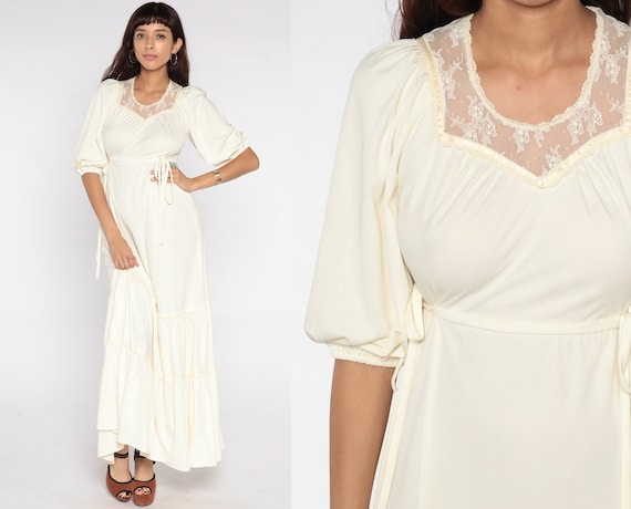 Long Boho Dress 70s Maxi Cream LACE Tiered Peasant Dress Puff Sleeve 1970s Bohemian Wedding High Waist Victorian Vintage Retro Hippie Small