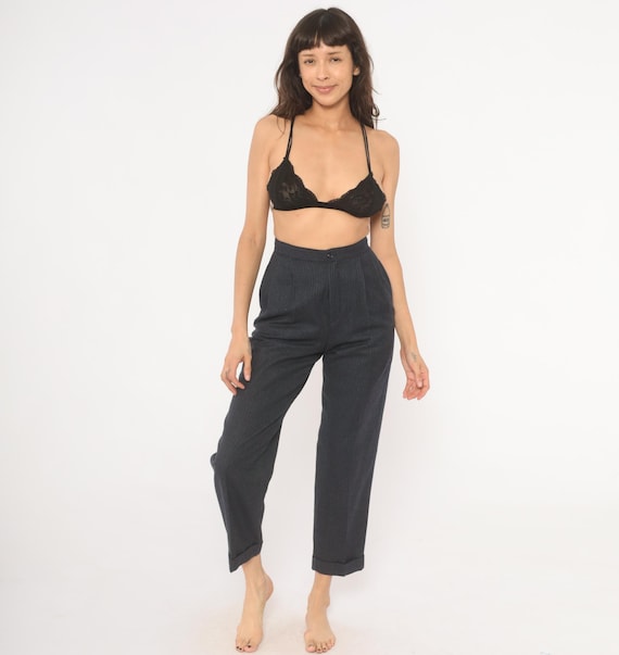 Pinstripe Pleated Trousers 80s Navy Wool Blend High Waist Tapered Pants Dark Academia Charcoal Slate Slacks Women Vintage Extra Small XS
