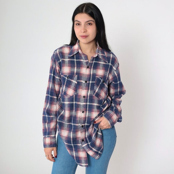 80s Flannel Shirt Plaid Button Up Shirt Red White Blue Checkered Print Collared Long Sleeve Boyfriend Top Retro Vintage 1980s Mens Medium M