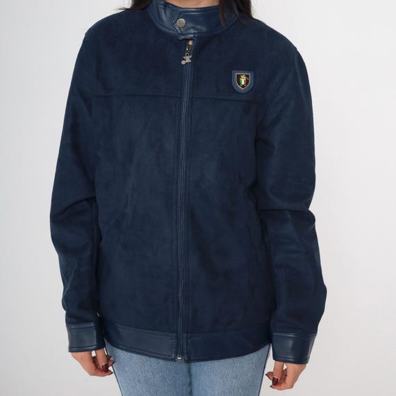 Vintage Faux Suede Jacket Collezioni Italia Jacket Zip Up Crest Logo Navy Blue 90s Y2K Moto Racing Patch High Neck Oversized Small