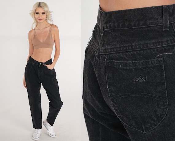 Tapered Black Jeans 90s Mom Jeans High Waisted Rise Chic Denim Pants Slim Leg Retro Basic Simple Plain Casual Vintage 1990s Small S 28