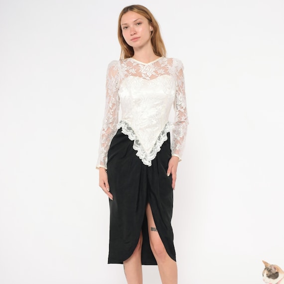 90s Evening Gown White Lace Black Satin Dress Sweetheart Bodice Sheer Bustle Peplum Midi Pencil Skirt Floral Formal Cocktail Extra Small XS